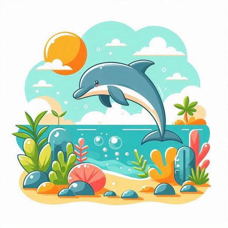 Dolphin jumping on the beach. Vector illustration in cartoon style.のイラスト素材