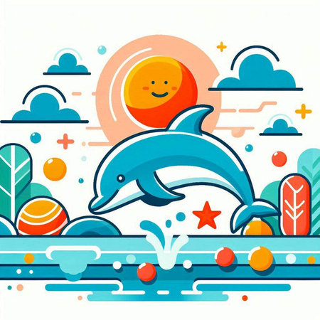 Vector illustration of cute cartoon dolphin jumping out of the water with sun and clouds in the background.のイラスト素材