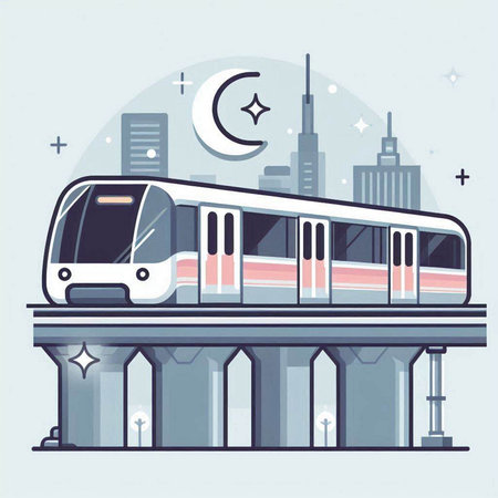 Train and the moon on the background of the city. Vector illustrationのイラスト素材