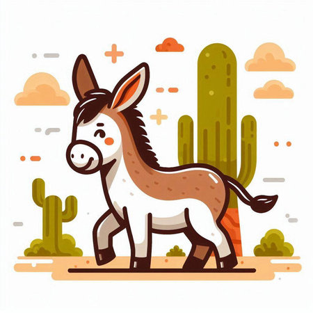 Donkey in the desert. Cute cartoon character. Vector illustrationのイラスト素材