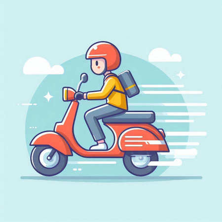 Vector illustration of delivery man in helmet riding scooter on road.のイラスト素材