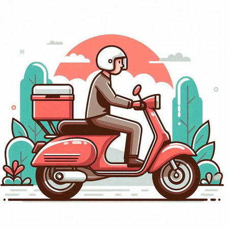 Man on scooter delivering food. Delivery service. Vector illustration.のイラスト素材