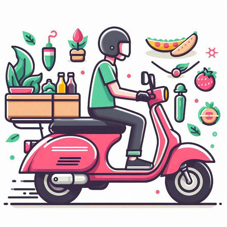 Man riding a scooter with food and drinks. Vector illustration.のイラスト素材