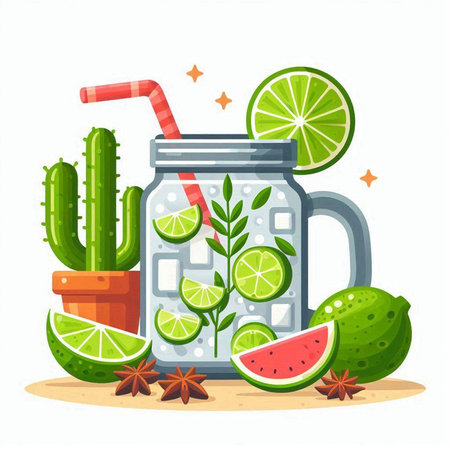 Lemonade in a glass jar with lime, watermelon and cactus. Vector illustration.のイラスト素材