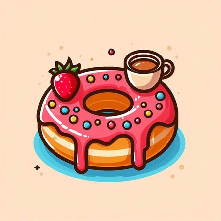 Donut with strawberry and cup of coffee. Cute cartoon vector illustration.のイラスト素材