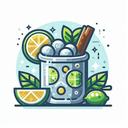 Cocktail drink with lime, cinnamon and ice. Vector illustration.のイラスト素材