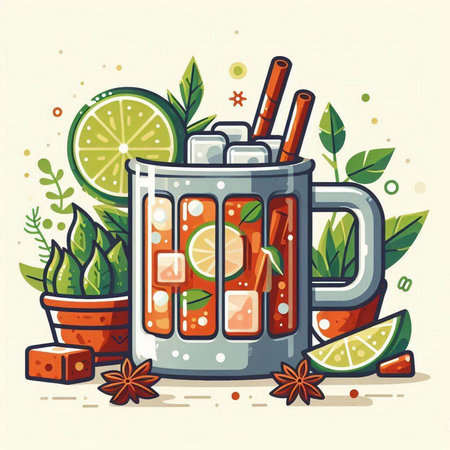 Mug of lemonade with lime and spices. Vector illustration.のイラスト素材