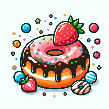 Donut with strawberry and chocolate. Vector illustration in cartoon style.のイラスト素材