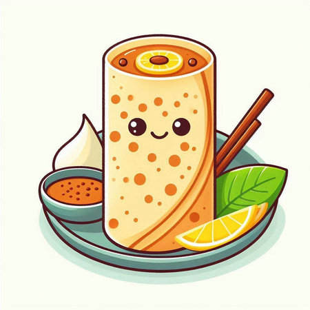 Vector illustration of a cute Chinese crepe with lemon and spices.のイラスト素材