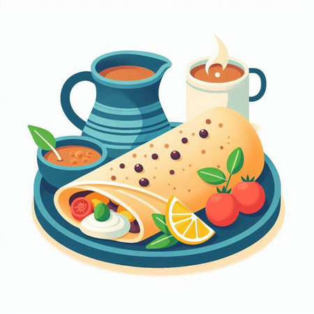 Breakfast with pancakes, coffee and vegetables. Vector illustration in cartoon styleのイラスト素材