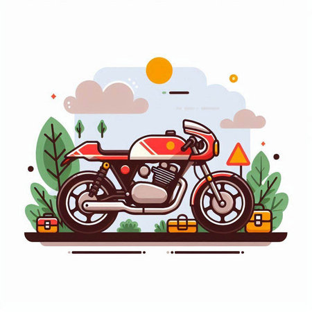 Vector illustration of a motorcycle on the road in the forest. Flat style.のイラスト素材