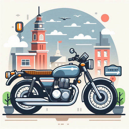 Vintage motorcycle in the city. Vector illustration in flat style.のイラスト素材