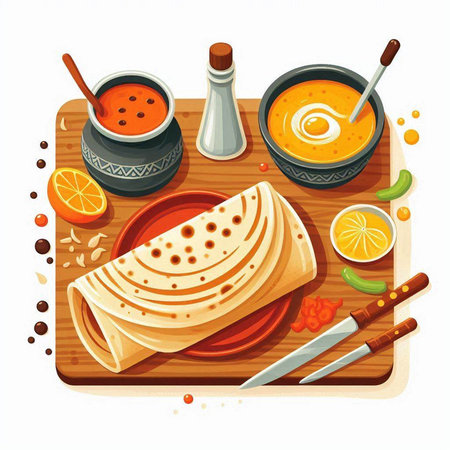Vector illustration of traditional indian food on wooden cutting board with ingredients and utensilsのイラスト素材