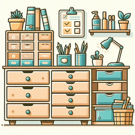 Vector illustration of a cabinet with drawers, books and stationeryのイラスト素材