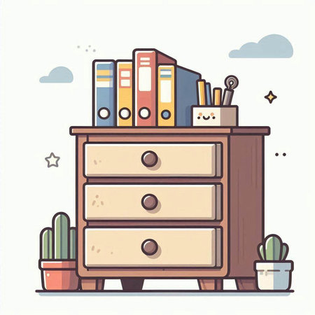 Vector illustration of a drawer with books, folders and cactiのイラスト素材