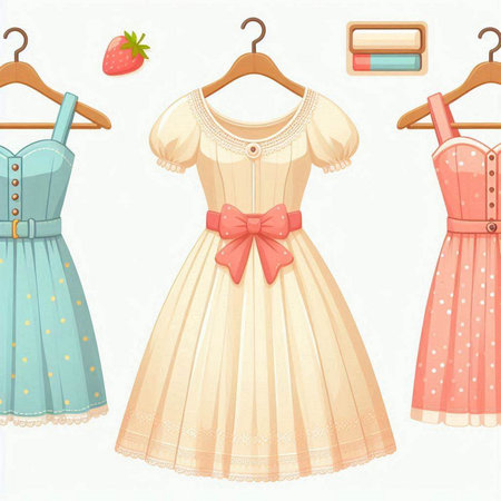 Set of cute dresses with bows and ribbons. Vector illustration.のイラスト素材
