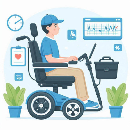 Disabled man in wheelchair with medical equipment. Flat vector illustration.のイラスト素材