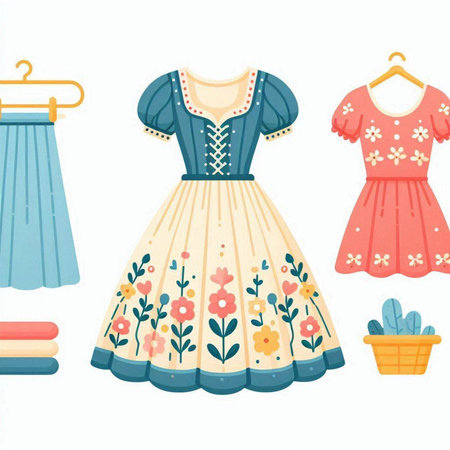 Set of women's dresses with floral design. Vector illustration in cartoon style.のイラスト素材