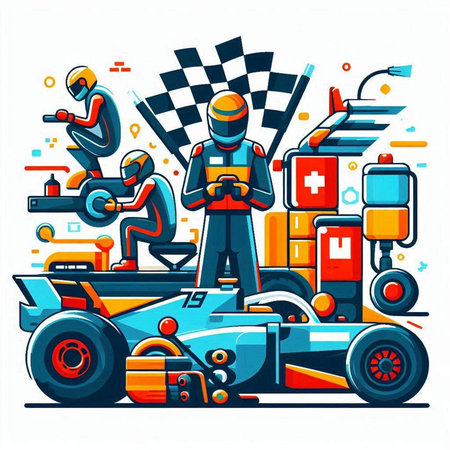 Cartoon flat vector illustration of racing car with driver, driver, racers and equipment.のイラスト素材