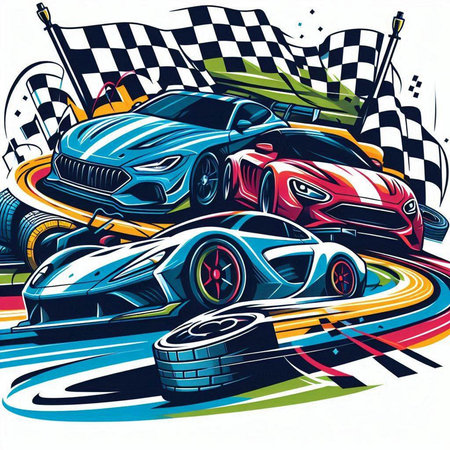 Sport cars on the race track. Vector illustration in pop art styleのイラスト素材