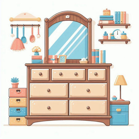 Illustration of a chest of drawers with a mirror and booksのイラスト素材