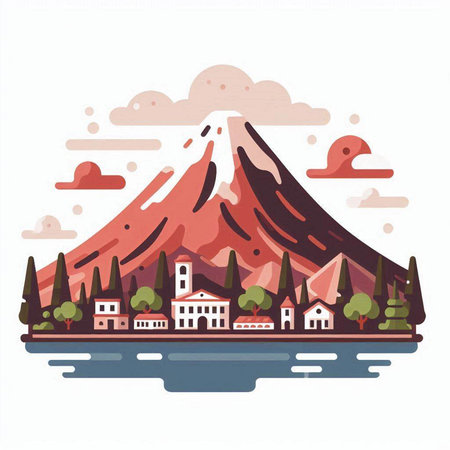 Vector illustration of the volcano in the background. Flat design style.のイラスト素材