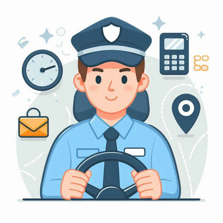 Policeman holding steering wheel and looking at camera. Flat style vector illustration.のイラスト素材