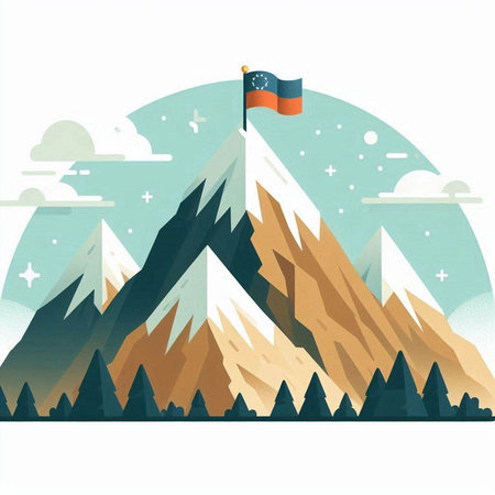 Mountain landscape with flag and mountains in flat style. Vector illustration.のイラスト素材