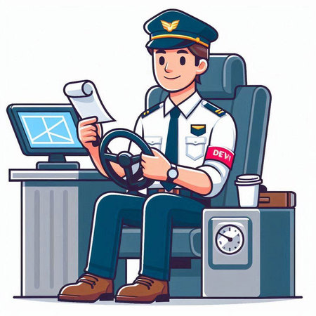 Policeman sitting at the steering wheel and reading newspaper. Vector illustration.のイラスト素材
