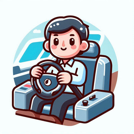 Businessman in car seat with steering wheel. Vector flat cartoon illustrationのイラスト素材