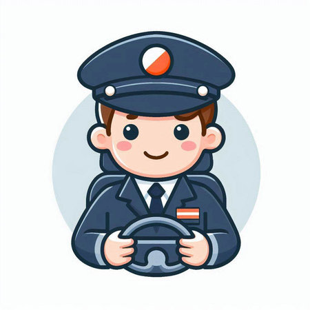 Vector illustration of a cute police officer holding steering wheel on white background.のイラスト素材
