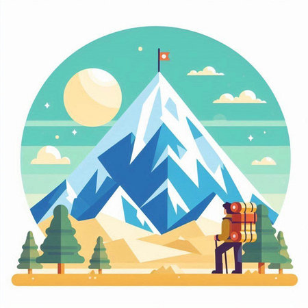 Tourist with a backpack on the background of the mountains. Vector illustrationのイラスト素材