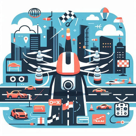 Drone flying on the road in the city. Vector illustration.のイラスト素材