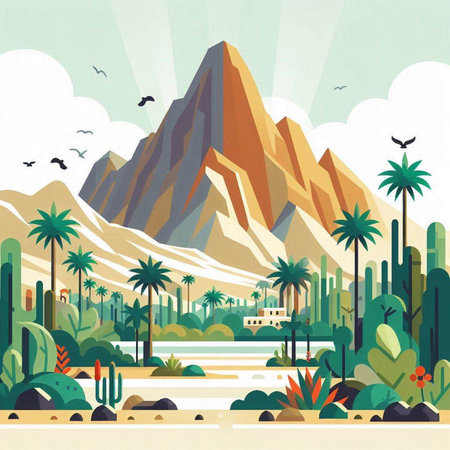 Desert landscape with palms and mountains. Vector illustration in flat styleのイラスト素材