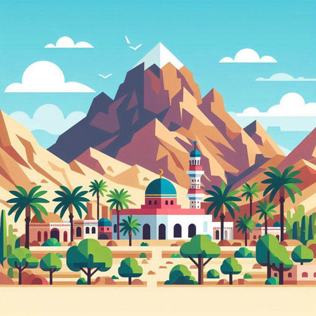 Landscape with mosque, palms and mountains. Vector illustration in flat styleのイラスト素材