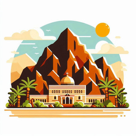 Egyptian temple in the mountains. Vector illustration in flat style.のイラスト素材