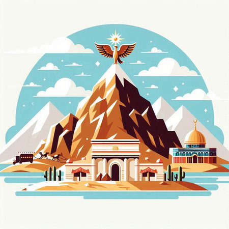 Egyptian temple on the background of the mountains. Vector illustration.のイラスト素材