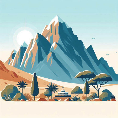 Mountains and trees. Landscape in the flat style. Vector illustration.のイラスト素材