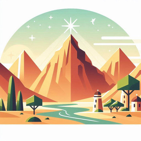 Mountain landscape. Vector illustration in flat style. Landscape with mountains, river and houses.のイラスト素材