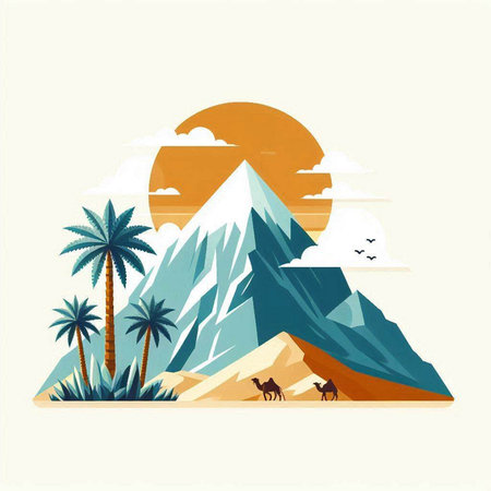 Mountains, palm trees, camels and sun. Vector illustration.のイラスト素材