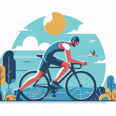 Cyclist riding bicycle on the road. Flat style vector illustration.のイラスト素材