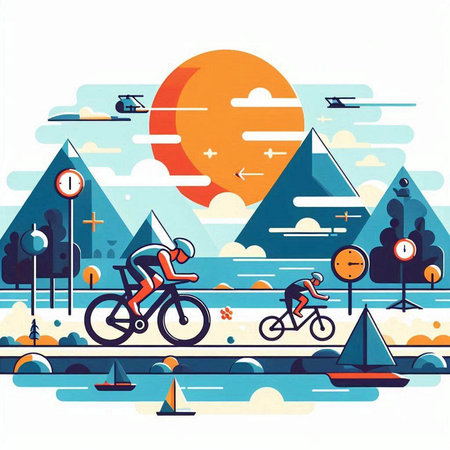 Bicyclist rides on the road in the city, vector illustrationのイラスト素材