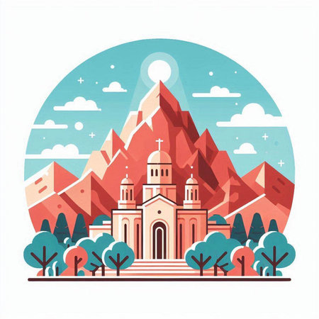 Mountain landscape with church and trees. Vector illustration in flat styleのイラスト素材