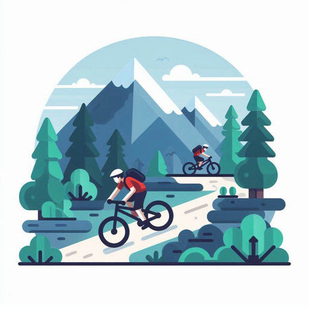 Cyclists in the mountains flat color vector faceless character. Man and woman cycling on the road. Extreme sport. Active lifestyle concept for banner, website design or landing web pageのイラスト素材