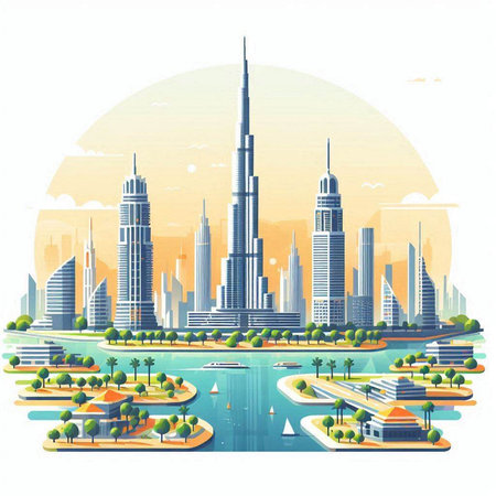 Dubai skyline with skyscrapers. Vector illustration in flat styleのイラスト素材