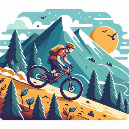Bicyclist in the mountains. Vector illustration in hand draw style.のイラスト素材