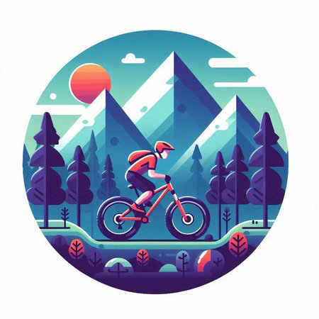 Cyclist riding mountain bike in the mountains. Flat vector illustration.のイラスト素材