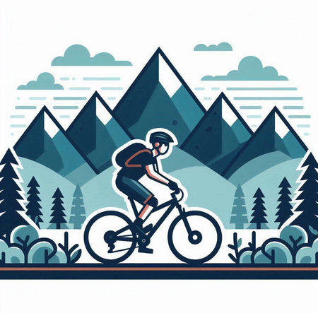 Cyclist riding mountain bike in the mountains. Vector illustration.のイラスト素材