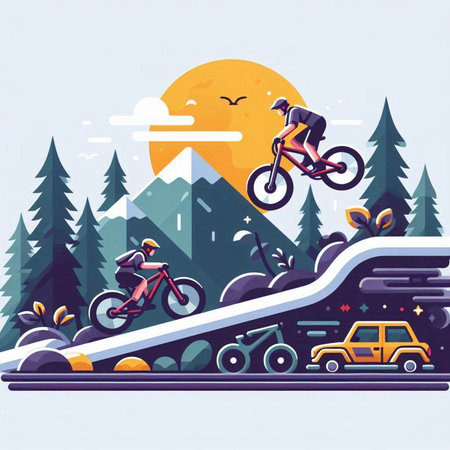 Bicyclist rides on the road in the mountains. Vector illustrationのイラスト素材