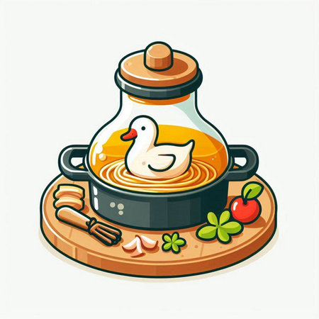 Vector illustration of a duck soup in a pot on a wooden boardのイラスト素材